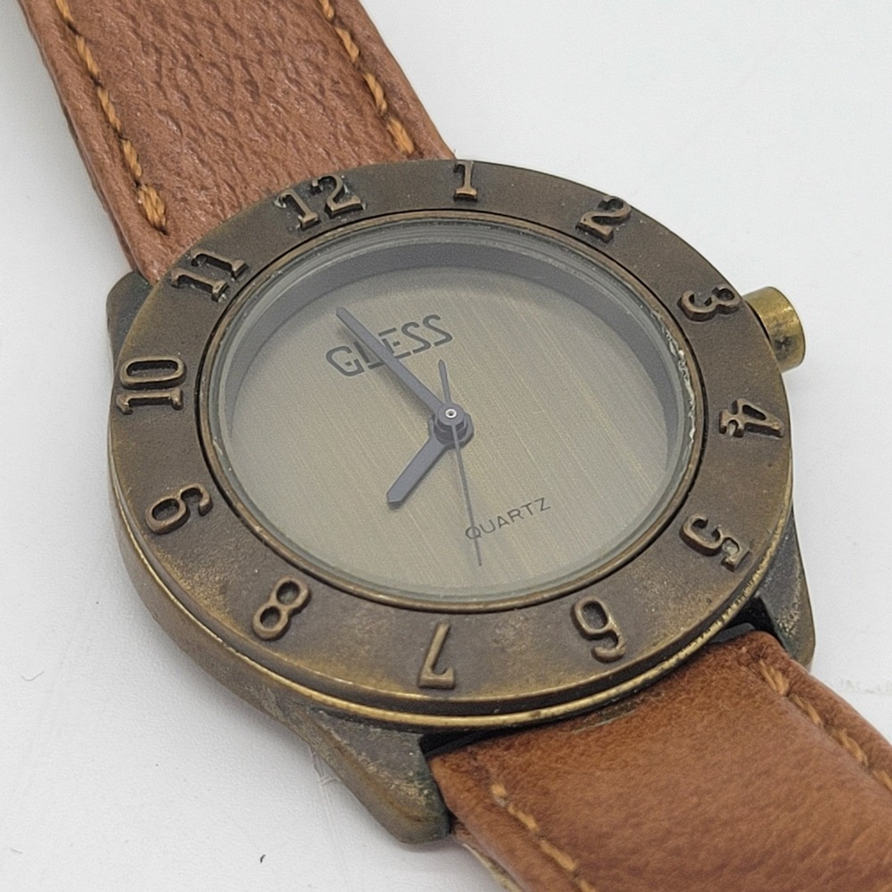 Vintage 1989 Guess Watch Bronze Bezel Brown Leather Pigskin Strap Quartz 1980s